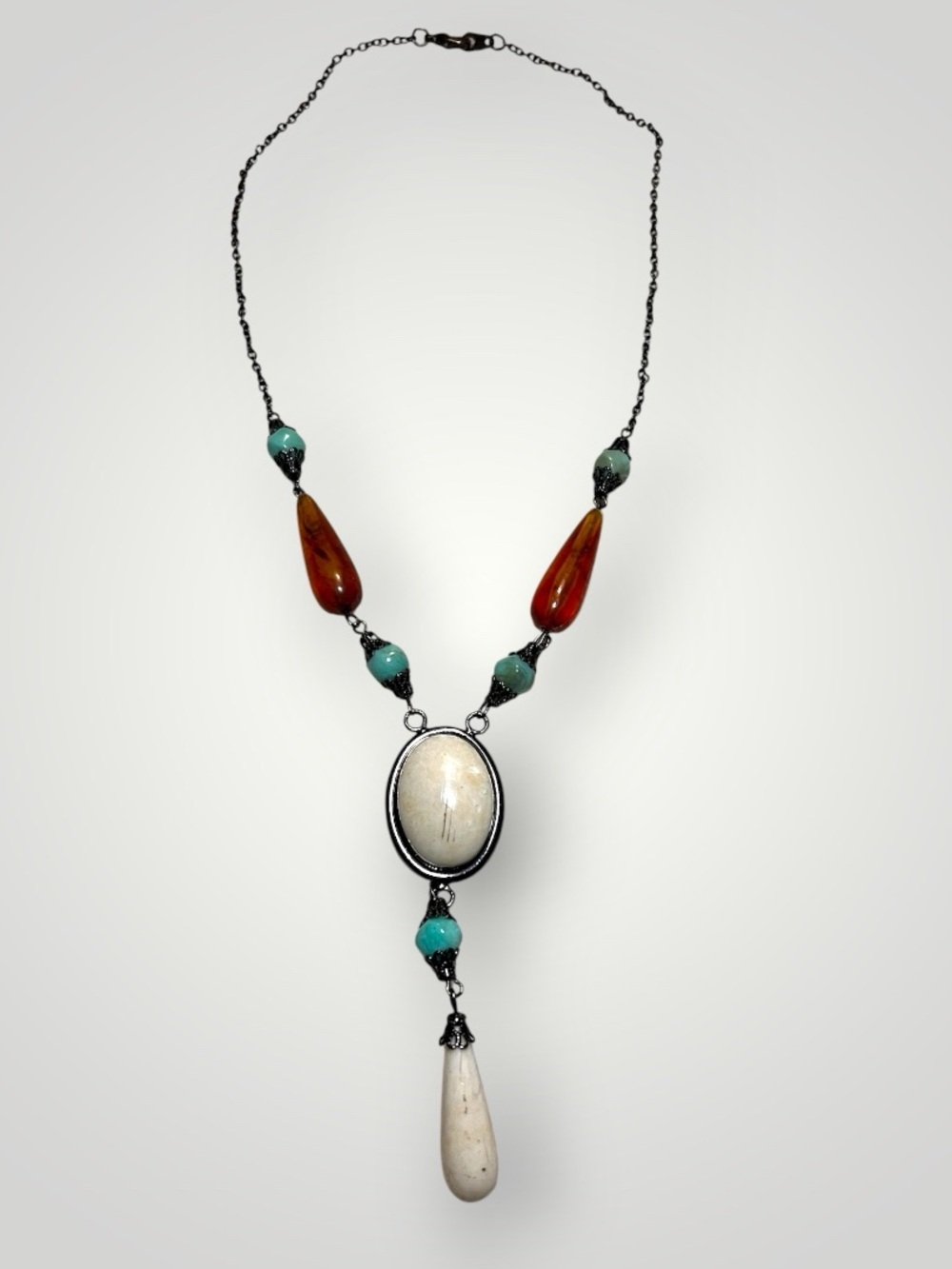 Vintage Boho Lucite Teardrop Necklace Stone Pendant Southwest Statement Necklace